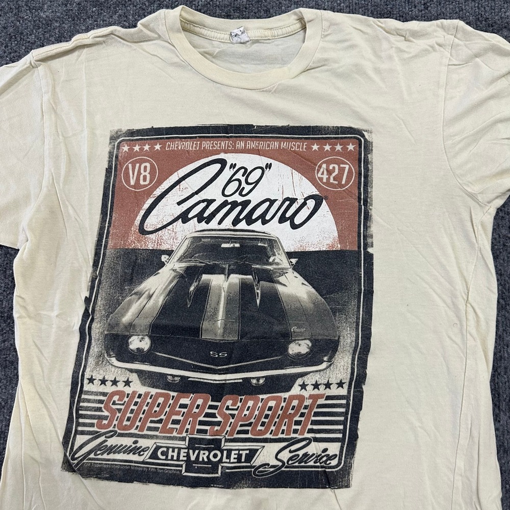 Chevrolet T-Shirt Mens Size L Cream Cotton Camaro Super Sport Graphic Distressed